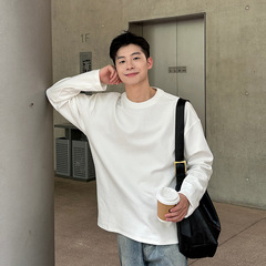 重いポンドの白い丸首の頭の長袖のtシャツの男性2025春の日本のシンプルな百合のゆったりした基礎の底のシャツ