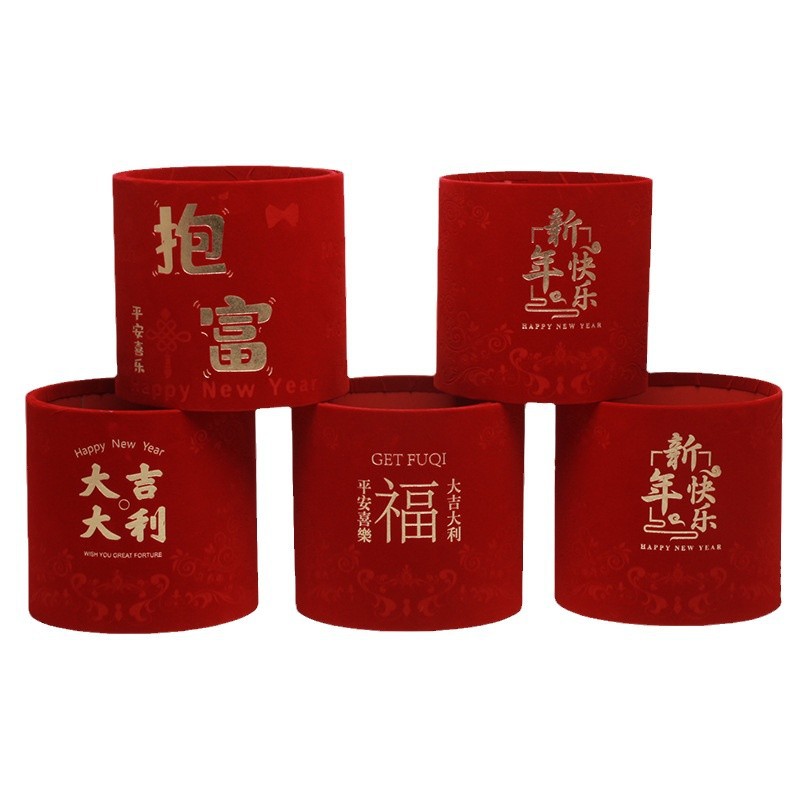 Huaxi Año Nuevo tela de terciopelo barril al por mayor China rojo estampado cubierto dos abrazos barril de flores de invierno barril de flores