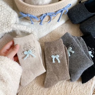 Winter Wool Socks for Women, Trendy Autumn and Winter Style, Thickened and Fleece-Lined for Warmth, Cute Puppy Mid-Calf Socks with Bow, Slouch Socks