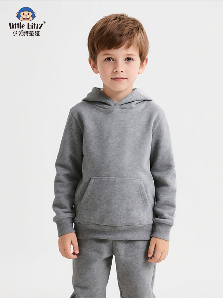 Cross-Border 2025 Autumn and Winter Children's Hooded Sweatshirt and Sweatpants Set Solid Color Basic Two-Piece Set in Stock Direct Delivery