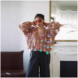 2025跨境新款时尚休闲针织开衫亮片圆领长袖宽松型单排扣毛衣上衣