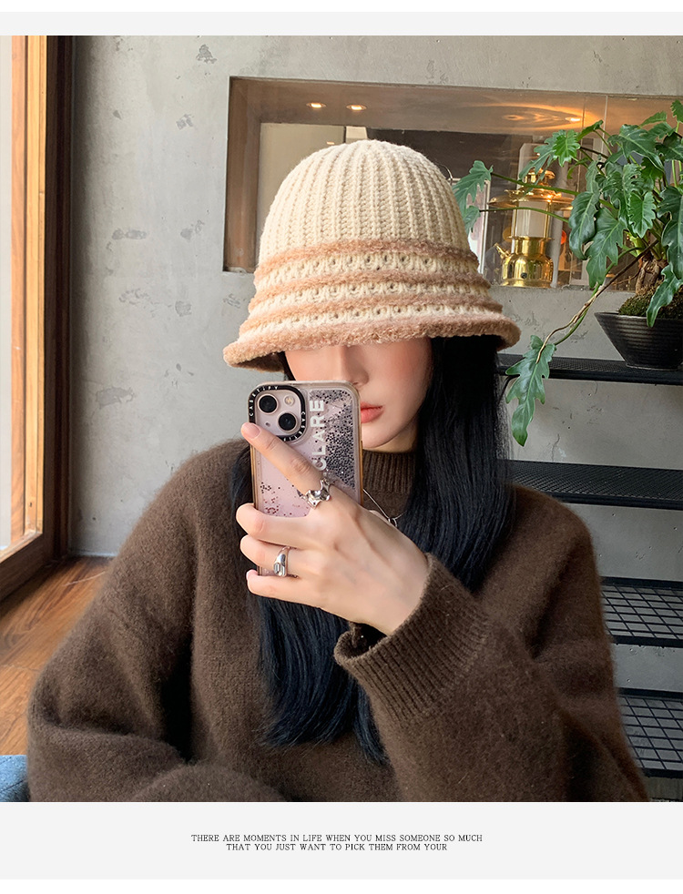 Autunno e inverno nuovo cappello coreano a righe lavorato a maglia con viso piccolo a secchiello per esterni in lana lavorata a maglia calda e alla moda_voghion.com
