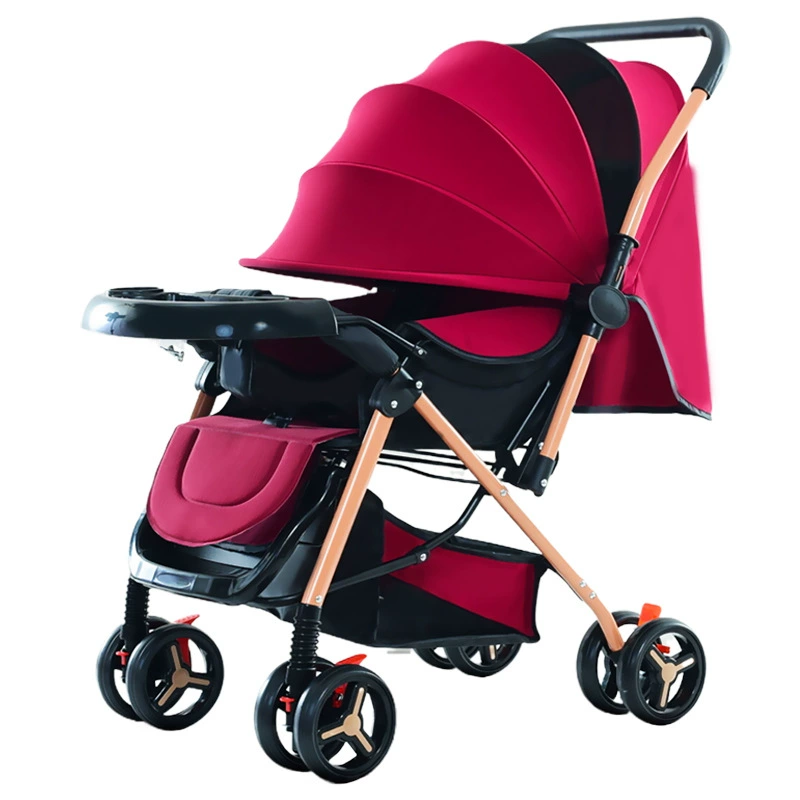 Folding children's stroller on four wheels with umbrella, wholesale