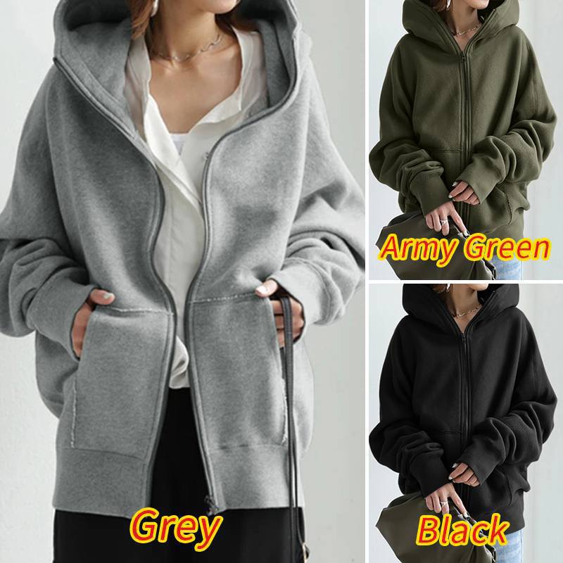 2023 New Solid Color Hooded Sweatshirts Long Sleeve Tops Women's Street Loose Zipper Top Shirt