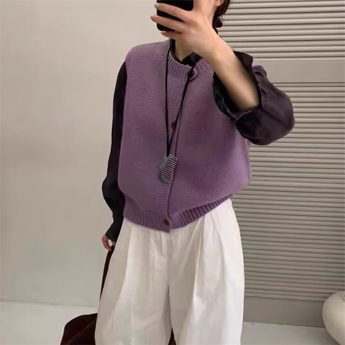KANING Korean-style round neck knit vest cardigan for women 2025 early autumn loose versatile sleeveless lapel top