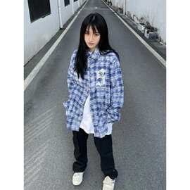 格子衬衫刺绣外套美式街头扎染男女宽松oversize上衣设计感