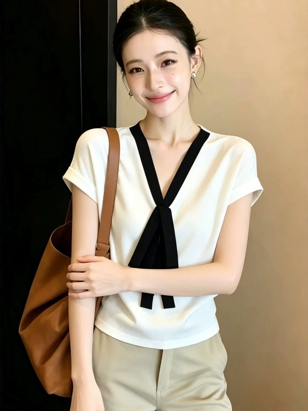 Áo thun nữ cổ V phối màu tay ngắn phong cách Hàn Quốc — Màu ảnh