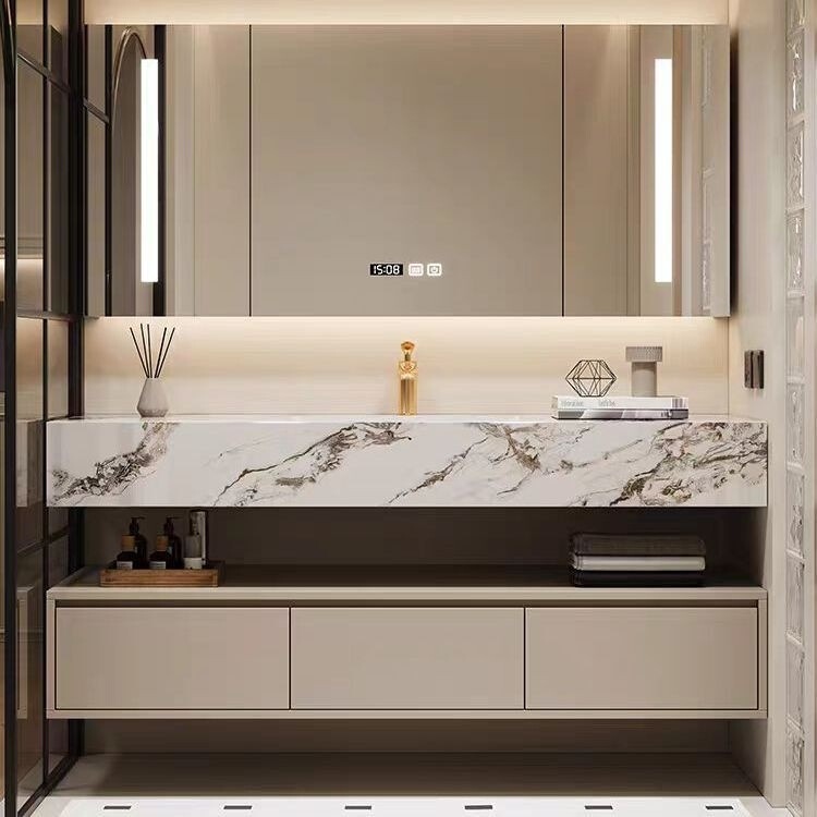 New hotel light luxury rock slab seamless modern bathroom cabinet with ceramic integrated basin combination washstand New hotel light luxury rock slab seamless modern bathroom cabinet with ceramic integrated basin combination washstand