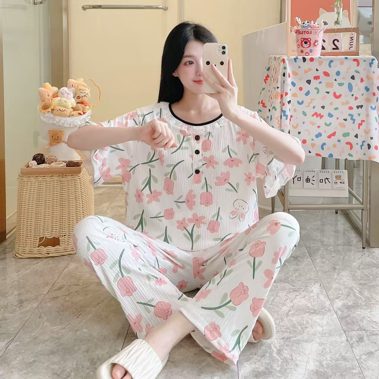 Paquete transfronterizo de seda de leche arrugada pijama primavera y otoño borde de loto pantalones largos de mangas cortas de encaje suelto cubierta de ropa para el hogar