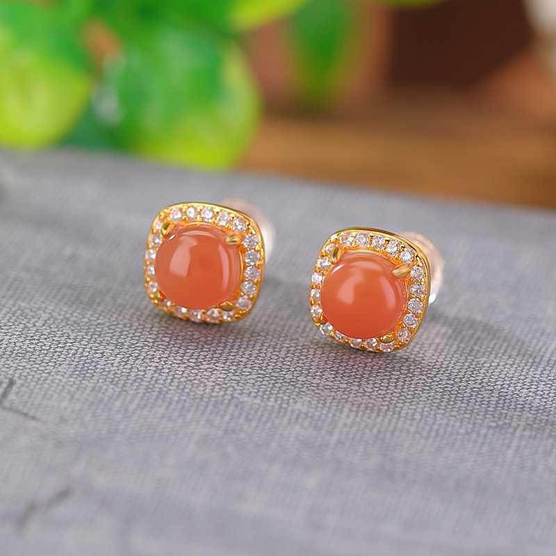 Bông tai bạc S925 mạ vàng họa tiết hình học hạt tròn vuông phong cách retro — Một cặp