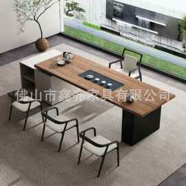 意式现代办公室多层木贴乌金木皮大板茶台办公室别墅大板桌岛台柜
