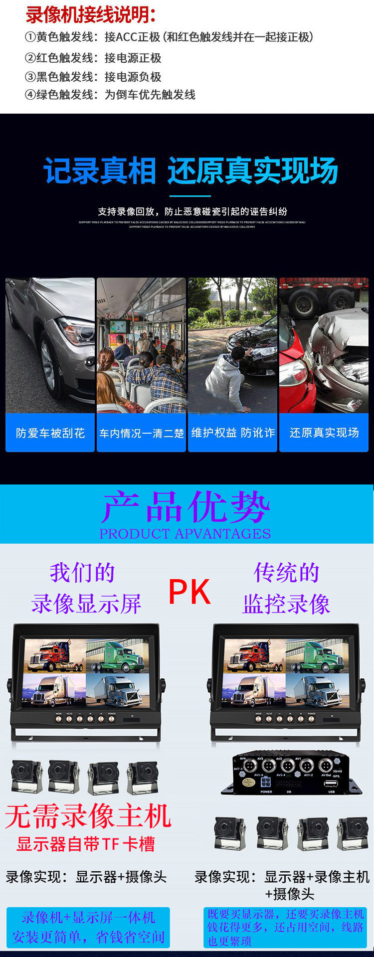 12v24V car semi-trailer harvester truck reversing image monitoring recorder all-in-one high-definition camera