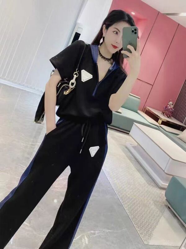 2024 New Summer Fashion Complete Set with Women's Hooded Sweatshirt Top Elastic Waist Wide Leg Pants Two-Piece Set