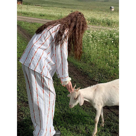 Korean Style Women's Floral Striped Long-sleeved Pajamas Women's Spring and Autumn High-end plus size Trousers Home Clothes Pure Cotton suit