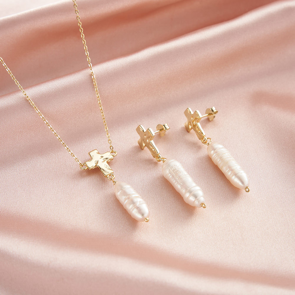 14K Real Gold Plated, White K Plated Plating Material Strict Selection December New Distressed Cross New S925 Sterling Silver Baroque Strip Natural Pearl Earrings