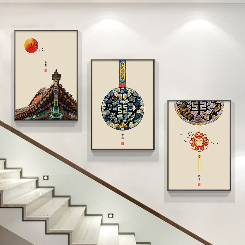 深セン大芬油画村階段階段間装飾画新中国式花鳥ハスの花複式壁画客間|undefined