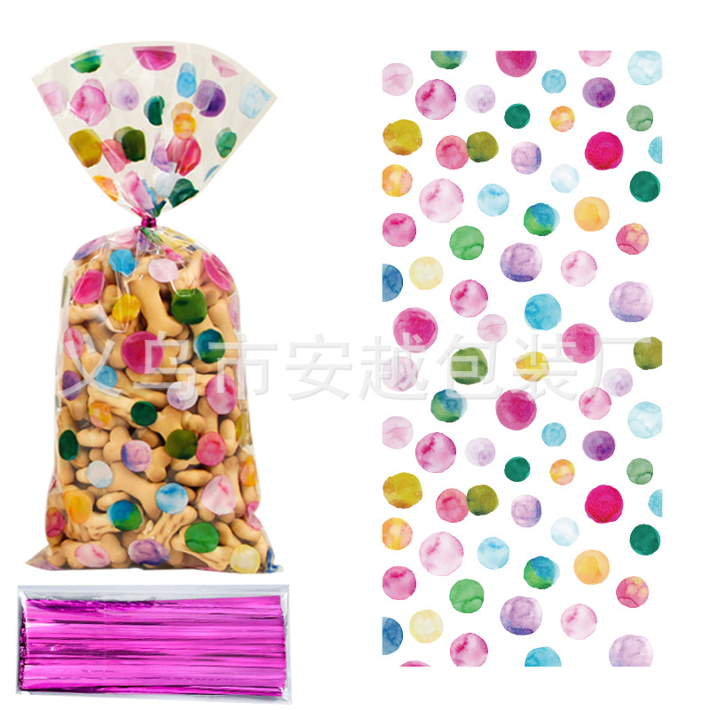 跨境新品现货水彩主题波点生日partyOPP糖果礼品饼干玻璃纸袋批发