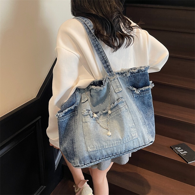 Korean-style vintage tote bag, large capacity, relaxed casual denim bag, comfortable, durable, versatile commuter shoulder bag Korean-style vintage tote bag, large capacity, relaxed casual denim bag, comfortable, durable, versatile commuter shoulder bag