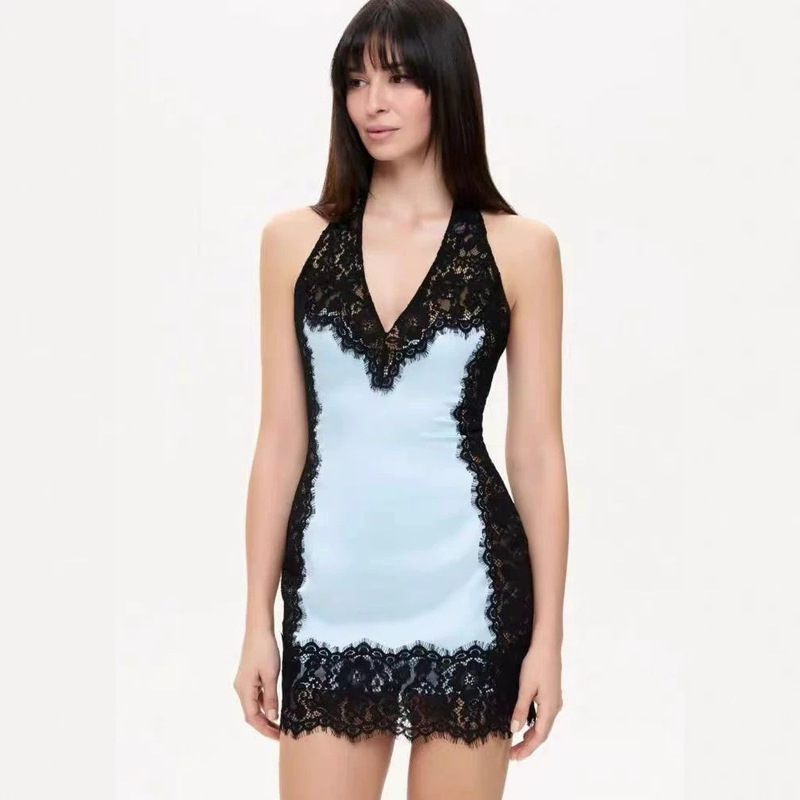 European and American style pure desire halter neck V-neck lace dress, satin color-blocking slim-fit lace trim short dress European and American style pure desire halter neck V-neck lace dress, satin color-blocking slim-fit lace trim short dress