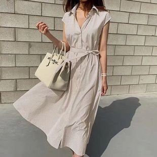Loose Sleeveless Striped Dress, Long Skirt, Waist-Covering Belly-Covering Shirt Skirt, Flesh-Covering