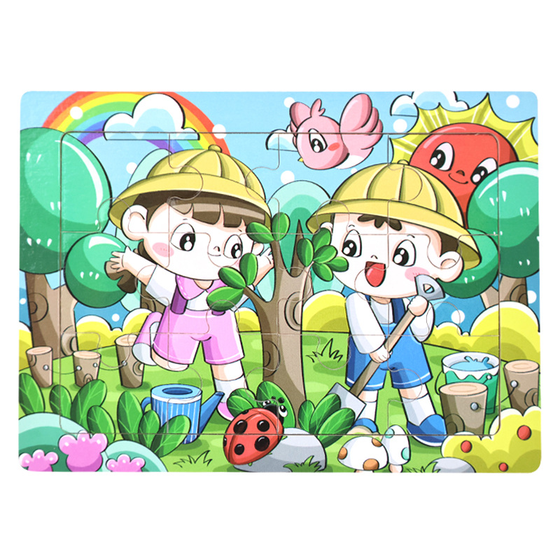 Rompecabezas plano de madera de 12 piezas, juguetes educativos para niños pequeños, rompecabezas de pensamiento lógico cognitivo de animales de dibujos animados de educación temprana