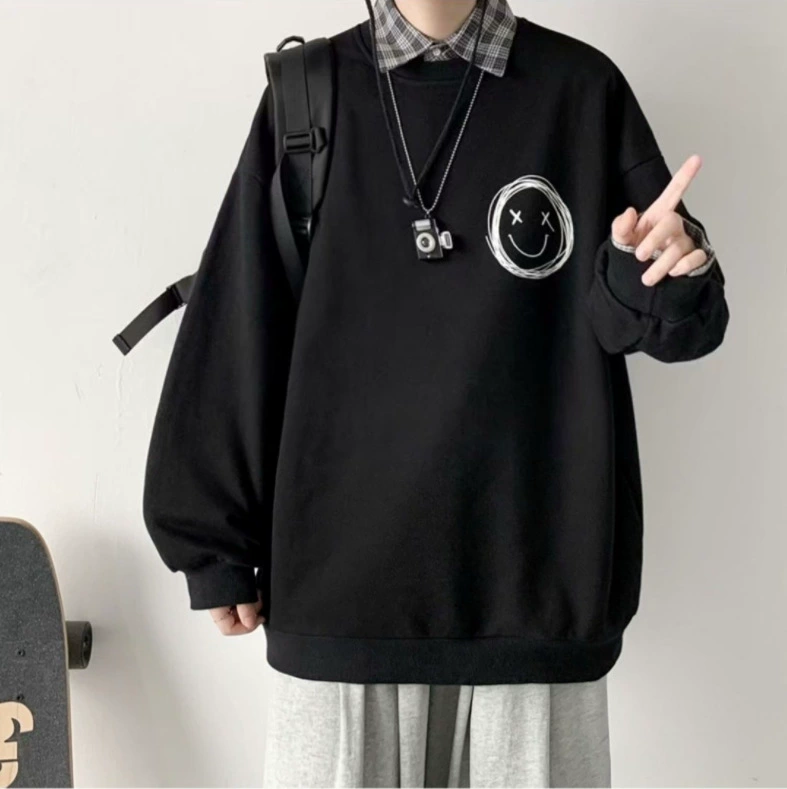 Свитшот с круглым вырезом oversize, мужской осенний флисовый свитер, печатный уличный стиль