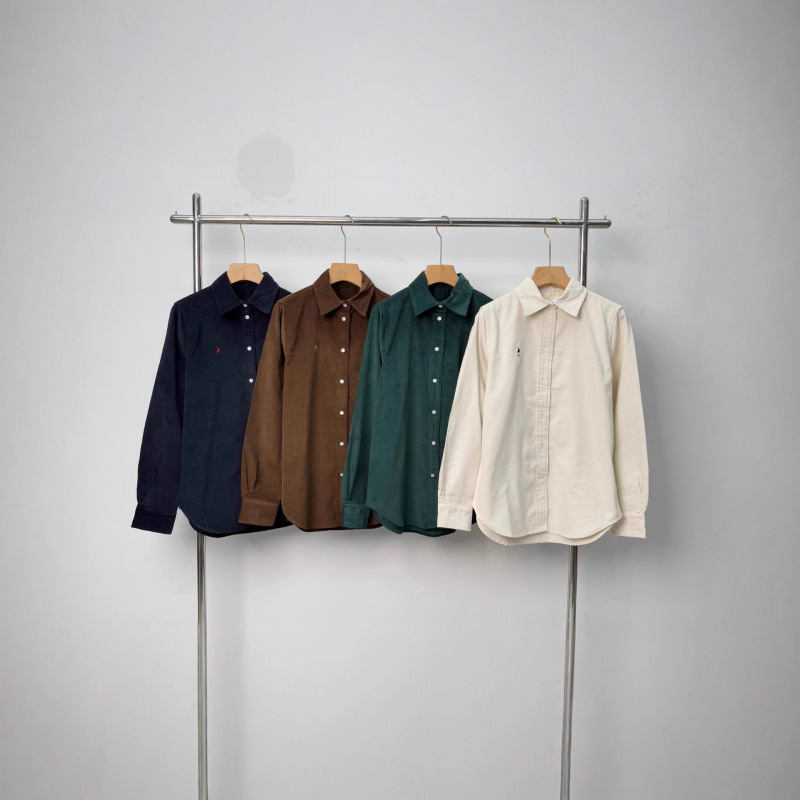 New Pony Embroidery Women's Clothing 25 Autumn Stretch Slim Fit Corduroy Shirt Green White Coffee Color Navy Blue