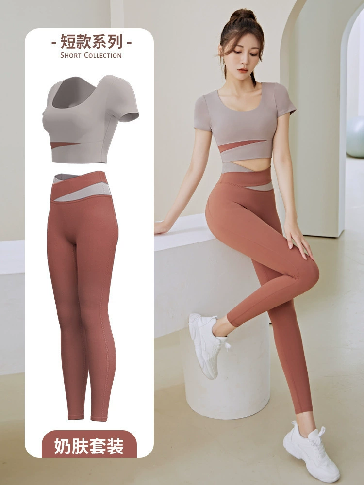  Summer sports breast pads, leggings, trousers for gym, set, with short sleeve, beautiful back
