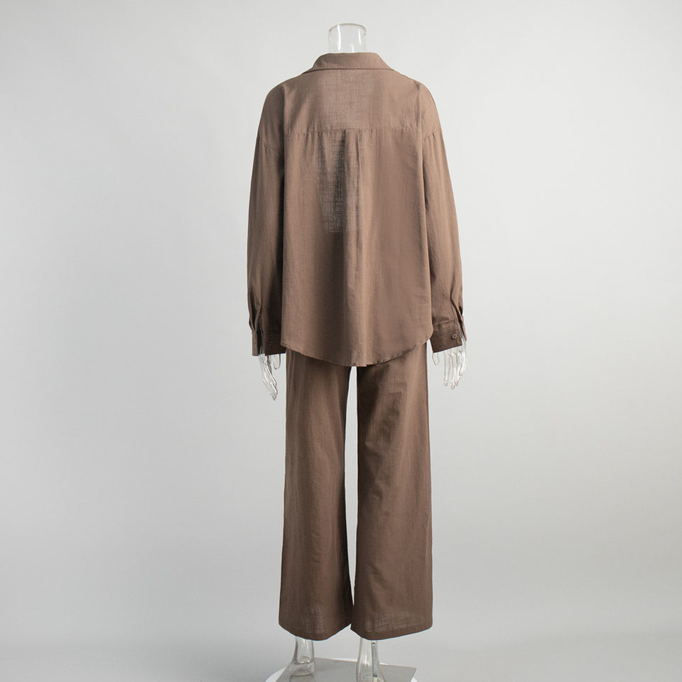 Bộ áo sơ mi dài tay rộng rãi kèm quần dài cotton phong cách thường ngày — Màu trắng nhạt, hồng, màu cà phê, màu trắng chi tiết 7