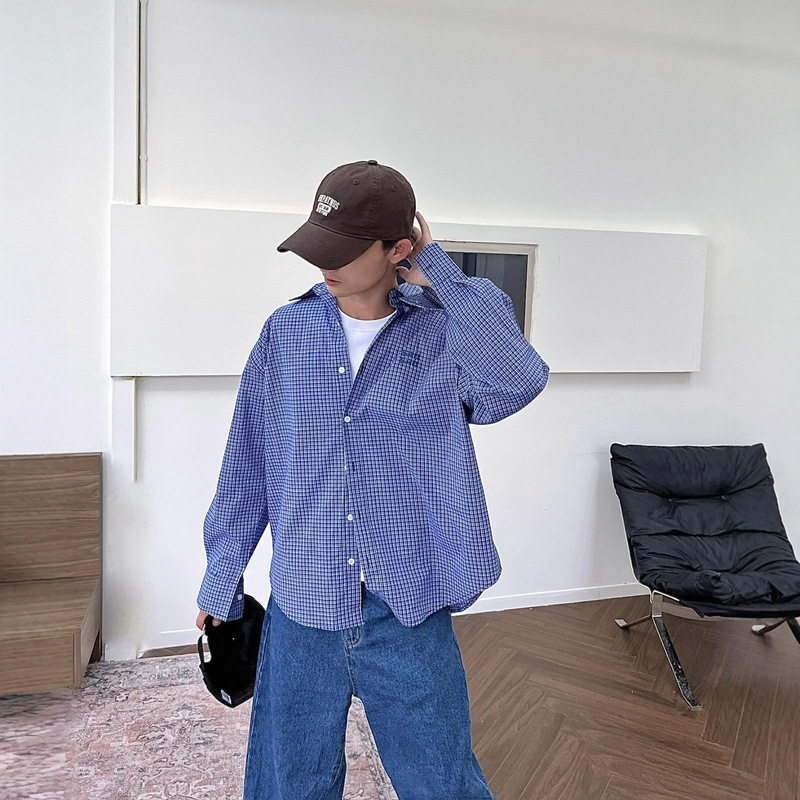 American Retro Lazy High-End Blue Plaid Shirt Ins Unisex Casual Versatile Shirt Jacket Trendy