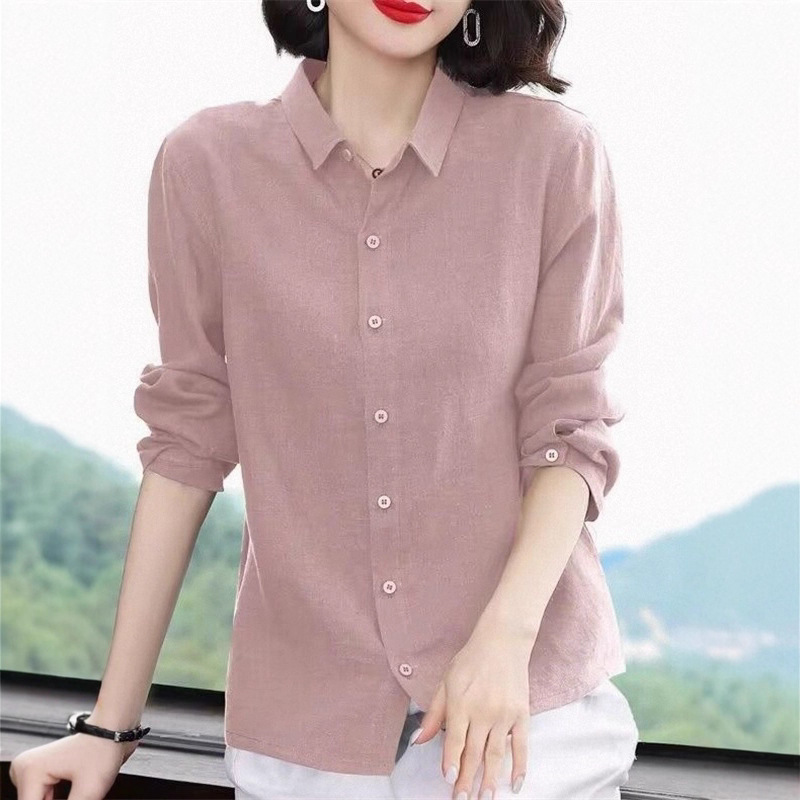 棉麻衬衫女长袖2025春秋季新款韩版翻领大码宽松中年气质文艺上衣|undefined