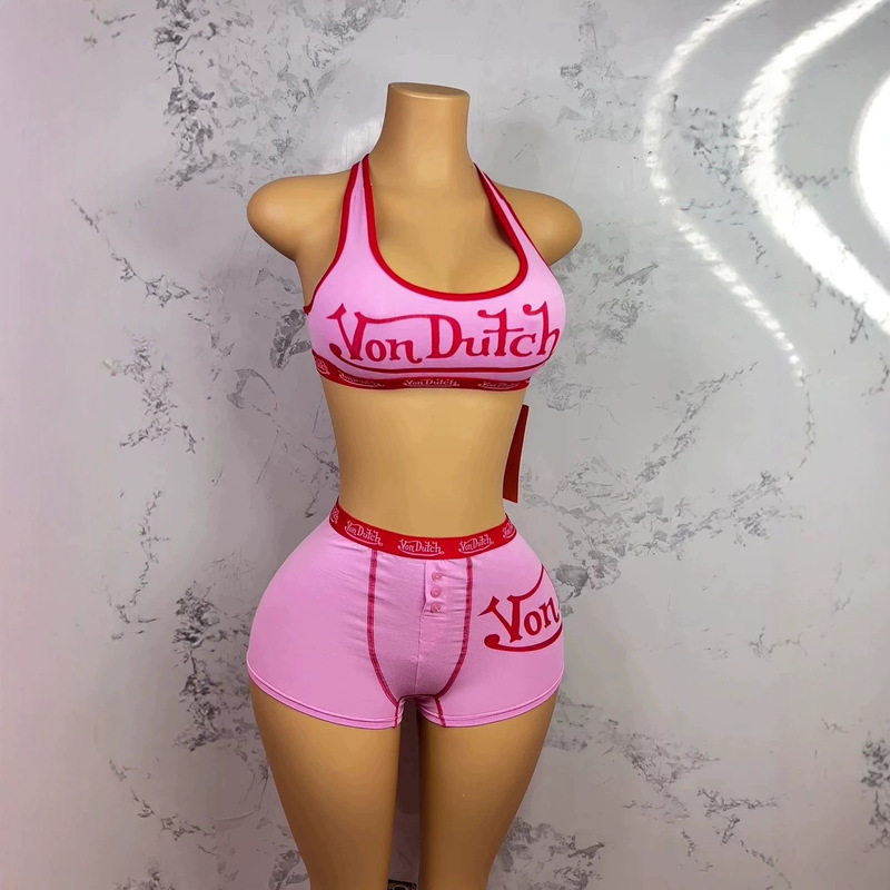 Summer New Style Sweet and Spicy Color-Block Halter Neck Tank Top and Shorts Set with Von Dutch Letter Print Two-Piece Set