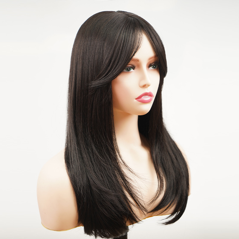 Factory wholesale cross-border European and American chemical fiber artificial hair wig full head cover daily use oblique bangs long straight hair wig_voghion.com