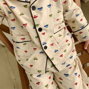 Korean children's clothing children's spring and autumn Korean style cotton sanding pajamas set Boys and Girls baby home clothes two-piece set