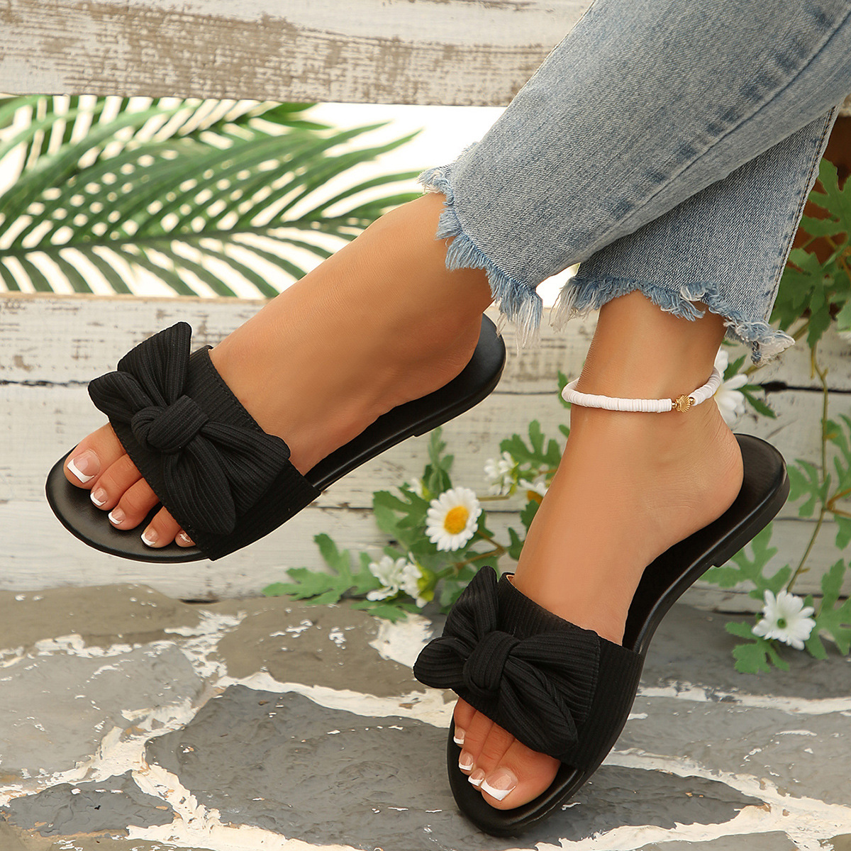 Sandalias Planas para Mujer de Plástico y Tela con Hebilla para Uso Diario