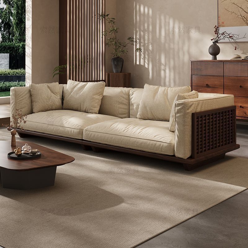 Song-Style Aesthetic Black Walnut Solid Wood Cotton and Linen Fabric Sofa New Chinoiserie Living Room Straight Row Four-Seater Home Small Apartment
