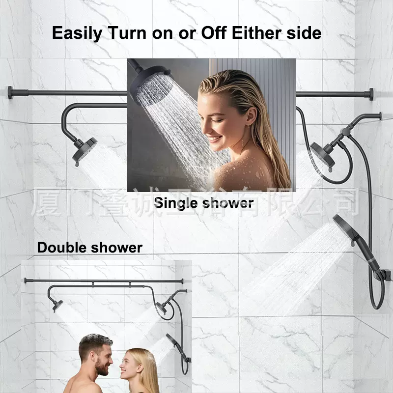 跨境情侣淋浴双花洒黑色套装暗装入墙式可调伸缩不锈钢淋浴杆‌
