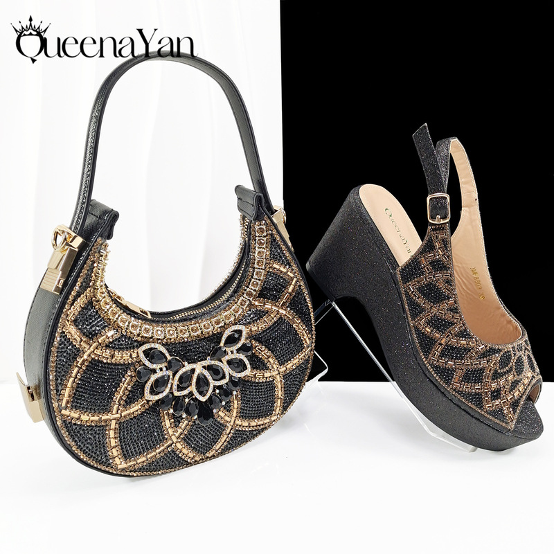 Thick-Soled Wedge Heel Women's Shoes with Rhinestone Geometric Patterns, Full Rhinestone Crescent-Shaped Underarm Bag, European and American Middle Eastern Cross-Border Shoe and Bag Set