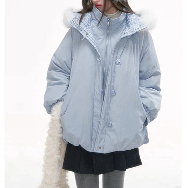 'Snow Realm Overlay' Winter Blue Fake Two-Piece 90% White Duck down Hooded Fur Collar Puff down Jacket