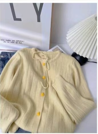秋冬新款纯色韩系百搭宽松爱心扣毛衣女圆领长袖外套上衣针织开衫|undefined
