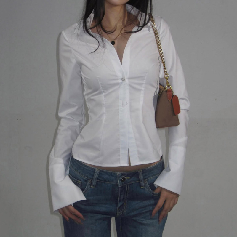 欧美街头风ins辣妹复古风女装纯色收腰长袖喇叭袖显瘦衬衫女休闲|undefined