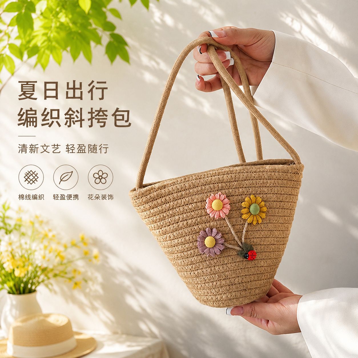 면사로 짠 버킷백 여성용 여름 해변 휴가용 숄더 크로스백 심플한 밀짚 가방 여행 가방