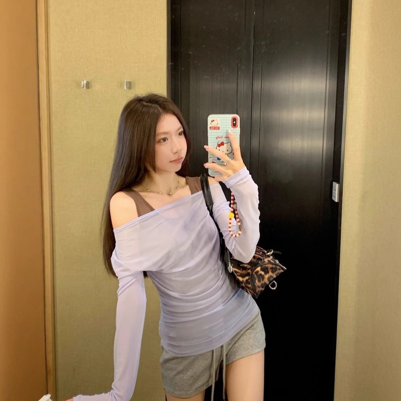 デザインホットガールフェイクツーピースメッシュ長袖Tシャツレディース夏薄い日焼け止めブラウス多用途オフショルダートップ|undefined