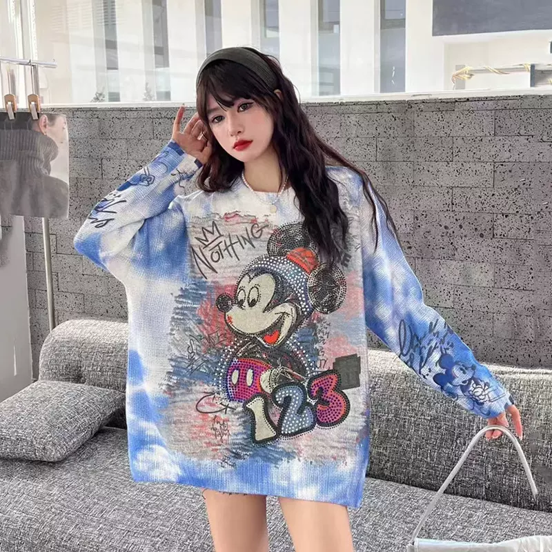 韩版oversize慵懒风中长款大版毛衣潮女秋季重工卡通图案扎染上衣