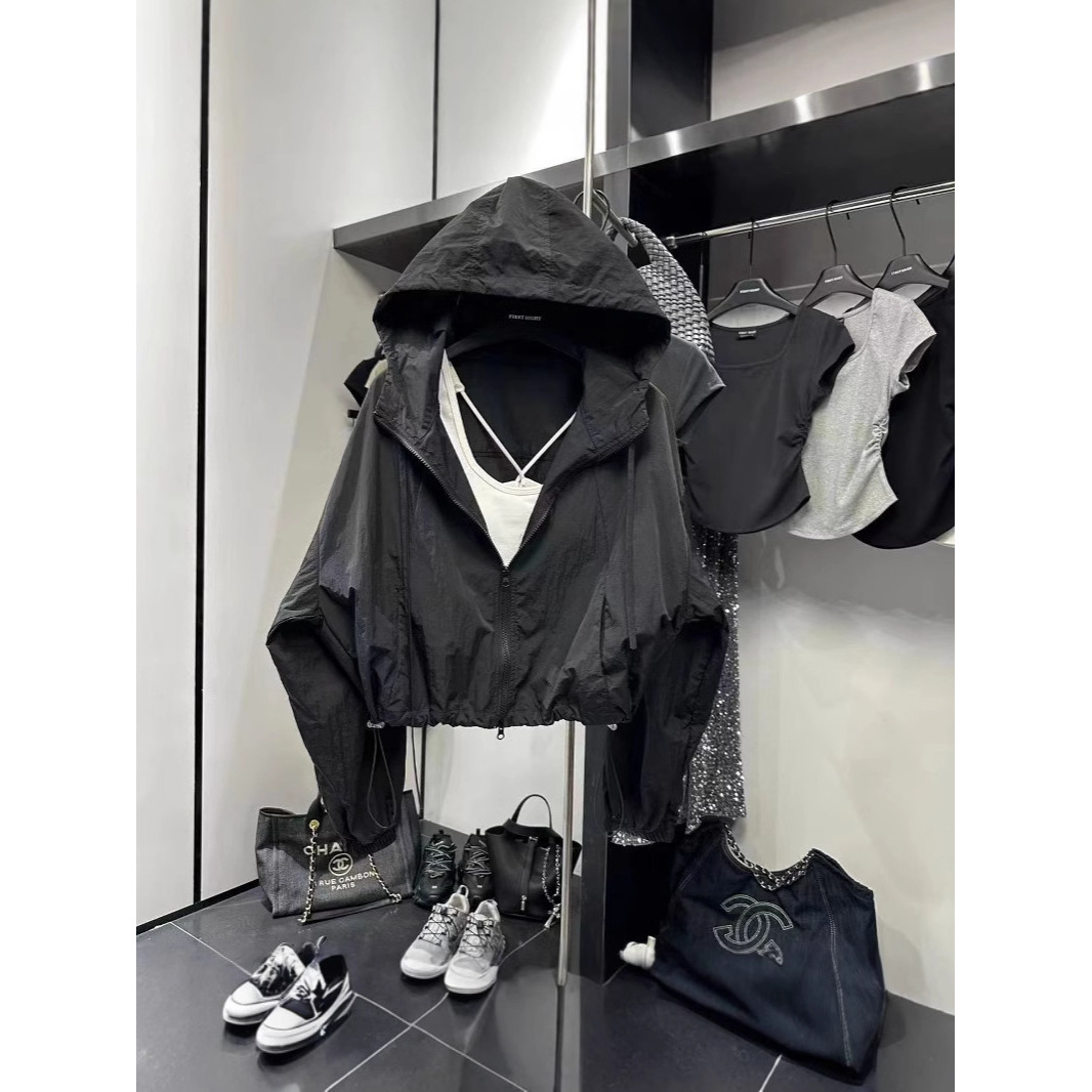 Women's Short Sun Protection Jacket with Drawstring Hem, 2025 Summer New Style, Niche Korean Style, Casual, Loose and Breathable Top