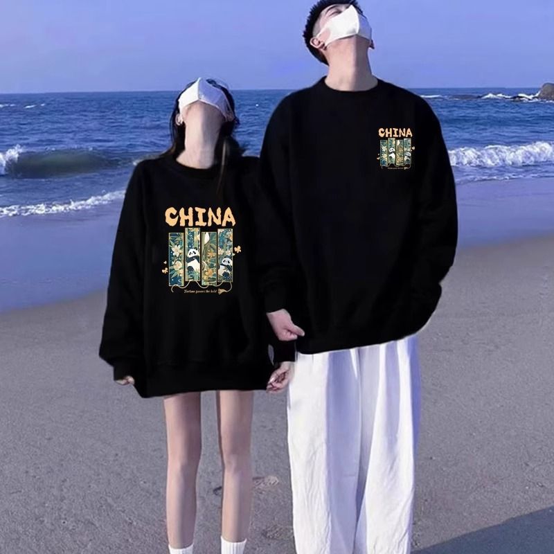 GUOFENG 새로운 중국 스타일 커플 원피스 스웨트 셔츠 2024 새로운 봄 가을과 겨울 증오 하이 엔드 틈새 독특한 라운드 넥