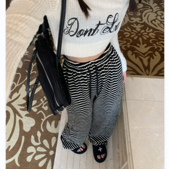 Black and White Striped Casual Pants Women's 2024 Spring and Summer High Waist Straight Towel Pants Loose Dape Wide Leg Pants