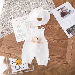 Summer New Boys and Girls Baby Wide Shoulder Gauze Hooded Pocket Bear One-piece Hats