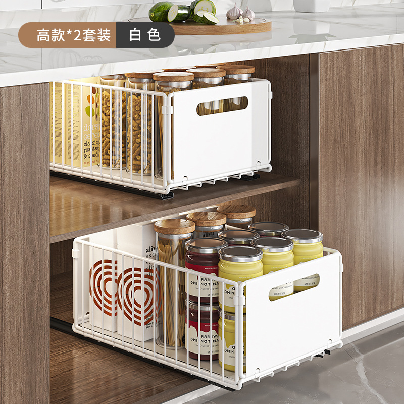 Estante de fregadero debajo de la cocina Cesta extraída Cesta de extracción Condimento de doble capa Aperitivos Estante de almacenamiento de botellas Estante de almacenamiento de gabinetes