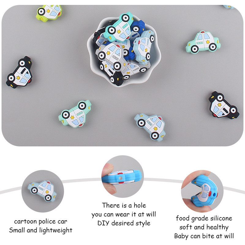 Bebé suministros de dibujos animados coche de silicona policía coche mordedor creativo DIY bebé molar pezón anti-gota cadena Accesorios